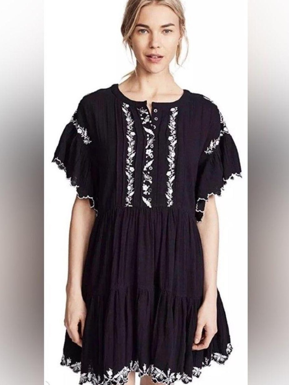 Free People Black Embroidered Boho Mini Dress